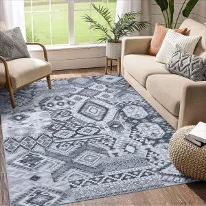 Washable Rug 5x7 Boho Tribal Area Rug Large Vintage Patchwork Rug for Living Room Ultra-Thin Colorful Rugs for Bedroom Floral Printed Carpet Oriental Distressed Low Pile Rug Aesthetic Rug Grey