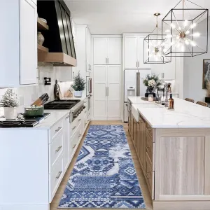 Boho Runner Rugs 2x6 Washable Entryway Runners Ultra-Thin Non-Slip Hallway Rug Runner Bohemian Floral Printed Area Rug Aesthetic Accent Rug Oriental Distressed Low Pile Floor Carpet Blue