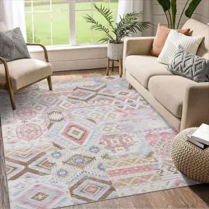 Boho Vintage Washable Bohemian Rug - Distressed Oriental Patchwork Design, Ultra-Thin Non-Slip Soft Chenille, Foldable for Living Room/Bedroom