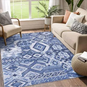 Washable Rug 5x7 Boho Tribal Area Rug Large Vintage Patchwork Rug for Living Room Ultra-Thin Colorful Rugs for Bedroom Floral Printed Carpet Oriental Distressed Low Pile Rug Aesthetic Rug Blue