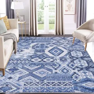 3x5 Entryway Rug Washable Bedroom Rug Ultra-Thin Bohemian Non-Slip Rug Small Bedside Throw Mat Vintage Distressed Accent Carpet for Living Room Bathroom Dining Table Kitchen Blue