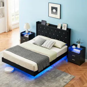 Floating Queen Bed Frame with LED Lights, Upholstered Platform, Storage Headboard, Metal and Wood, Easy Assembly, Black