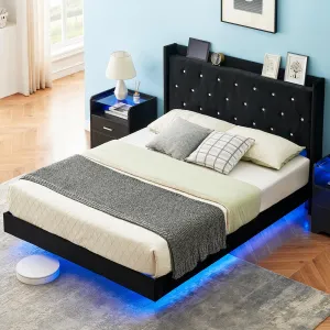 Floating Upholstered Full Bed Frame with LED Lights & Storage Headboard, Metal/Wood, 1000 lbs Capacity, Easy Assembly, Black