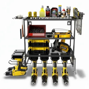 Power Tool Organizer Wall Mount 4 Layers Metal Rack with 4 Drill Holders for Heavy Duty Garage Workshop Storage
