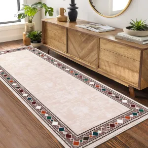 Bordered Beige 2x6 Farmhouse Runner, Minimalist Geometric Washable Non Slip Low Pile Rug for Hallway Entryway Kitchen