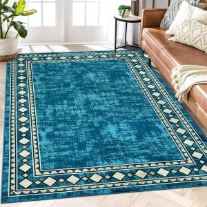 Bordered Blue-Green 9x12 Modern Washable Rug, Sapphire Geometric Low-Pile Non-Slip Minimalist Carpet for Living Room Bedroom Office
