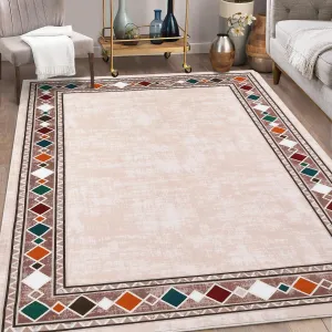 Bordered Beige 9x12 Modern Geometric Area Rug, Minimalist Abstract Farmhouse Low Pile Non Slip Carpet for Living Room Bedroom Office