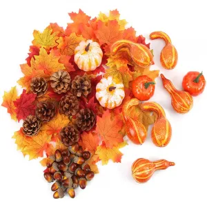 166Pcs Mini Foam Pumpkins Set, Artificial Pumpkins Fall Decorations Realistic Maple Leaves Pine Cones Acorns Pumpkins Thanksgiving Halloween Decor