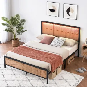 Rattan Platform Bed Frame Queen Size + LED Light + Modern Style + Heavy Duty Steel Slat + No Box Spring Needed