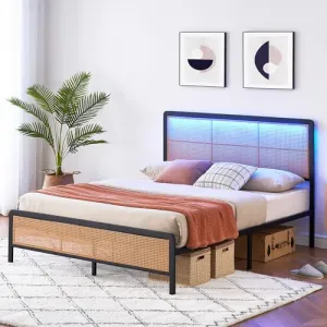Rattan Platform Bed Frame Queen Size + Modern Style + Heavy Duty Steel Slat Support + No Box Spring Needed + White + Suitable for Any Decor