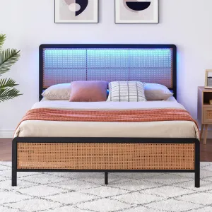 Rattan Platform Bed Frame Full Size + Modern Style + Heavy Duty Steel Slat Support + Synthetic Rattan + No Box Spring Needed + White + Bedroom