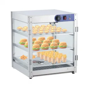 20-Inch Commercial Food Warmer Display Cabinet - 3-Tier 800W Pizza and Pastry Warmer with 3D Heating, Bottom Fan, Temperature Control, and Stainless Steel Glass Door