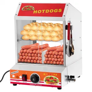 Hot Dog Steamer, 2-Tier Hot Dog Steamer with Bun Warmer Adjustable Temperature, 28.5 QT Electric Bun Warmer Cooker Glass Sliding Door Partition, Stainless Steel, Steaming 175 Hot Dogs & 40 Buns