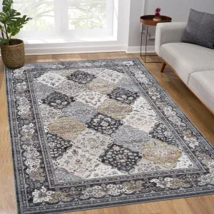 Large Area Rug 8x10 Moroccan Floral Rug Non Slip Vintage Retro Distressed Carpet Low Pile Ultra-Thin Indoor Carpet Non Shedding Living Room Rug, Beige/Brown