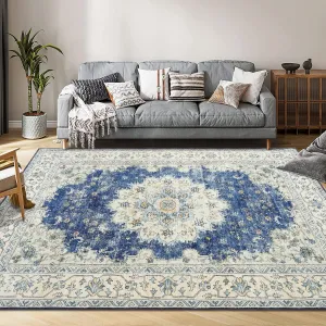 Vintage Area Rugs, Boho Traditional Washable Rug Floral Print Carpet, Low Pile Non-Slip Rubber Backing Foldable Mat for Bedroom Dining Room Office Living Room, Blue, 6x9