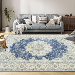 Vintage Area Rugs, Boho Traditional Washable Rug Floral Print Carpet, Low Pile Non-Slip Rubber Backing Foldable Mat for Bedroom Dining Room Office Living Room, Blue, 3x5