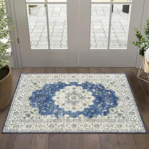 Vintage Area Rugs, Boho Traditional Washable Rug Floral Print Carpet, Low Pile Non-Slip Rubber Backing Foldable Mat for Bedroom Dining Room Office Living Room, Blue, 2x3