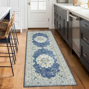 Boho Vintage 2x6 Runner Rug, Traditional Washable Floral Print Carpet with Non-Slip Rubber Backing, Low Pile - Foldable Mat for Entryways Hallways Kitchens