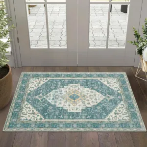 Green 2x3 Vintage Medallion Print Boho Area Rug, Washable Low Pile Carpet with Non-Slip Rubber Backing, Foldable Non-Shedding Floor Mat for Dining Room, Office, Bedroom, Living Room