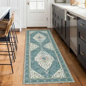 Green 2x6 Vintage Medallion Print Boho Area Rug, Washable Low Pile Carpet with Non-Slip Rubber Backing, Foldable Non-Shedding Floor Mat for Dining Room, Office, Bedroom, Living Room