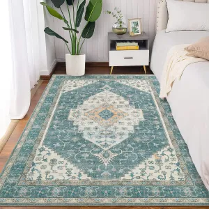 Green 9x12 Vintage Medallion Print Area Rug, Boho Traditional Washable Carpet with Low Pile, Non-Slip Rubber Backing Foldable, Ideal for Dining Room Office Bedroom Living Room