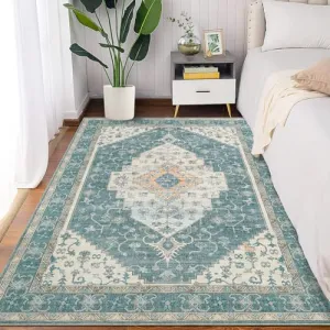 Green 6x9 Vintage Medallion Print Area Rug, Boho Traditional Washable Carpet with Low Pile, Non-Slip Rubber Backing Foldable, Ideal for Dining Room Office Bedroom Living Room
