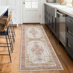 Traditional Vintage Area Rug Boho Floral Print Washable Indoor Carpet, with Non-Shedding Low Pile, Non-Slip Rubber Backing for Bedroom, Living Room, Dining Room, Office, Beige, 2 x 6
