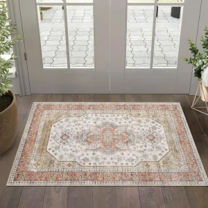 Washable Floral Print Area Rug, 2x3 Traditional Vintage Boho Indoor Carpet, Non-Shedding Low Pile Floor Mat with Non-Slip Rubber Backing for Bedroom Living Room Dining Room Office, Beige