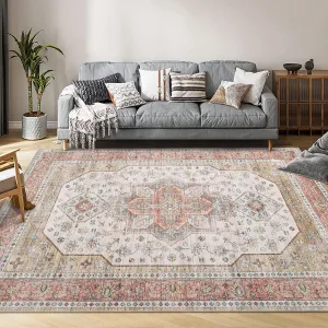 Washable Floral Print Area Rug, 5x7 Traditional Vintage Boho Indoor Carpet, Non-Shedding Low Pile Floor Mat with Non-Slip Rubber Backing for Bedroom Living Room Dining Room Office, Beige