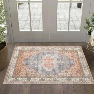 Vintage Boho Floral Area Rug, Washable Non-Shedding Low Pile Indoor Carpet, Non-Slip Rubber Backing for Bedroom, Living Room, Dining Room, Office, Pink, 2 x 3