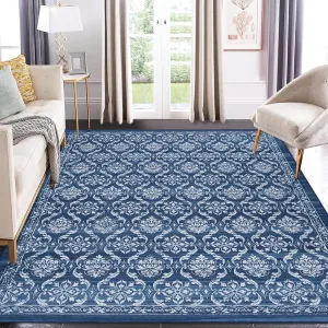 Area Rugs 8x10 Modern Floral Distressed Rug Machine Washable Area Rug Low Pile Non-Shedding Thin Floor Carpet Non-Slip Boho Rug for Living Room Bedroom Home Office Nursery Dining Room Blue