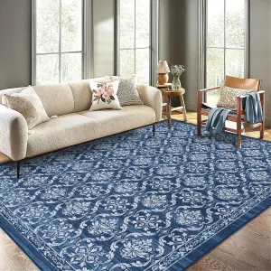 Large Area Rug 10x13 Washable Modern Floral Non Slip Indoor Living Room Blue