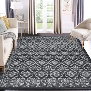 Area Rugs 8x10 Modern Floral Distressed Rug Machine Washable Area Rug Low Pile Non-Shedding Thin Floor Carpet Non-Slip Boho Rug for Living Room Bedroom Home Office Nursery Dining Room Black