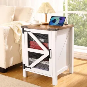 Farmhouse Nightstand with Charging Station, 18" Bedside End Table with Barn Mesh Door and Adjustable Shelf, Rustic Sofa Side Table for Bedroom Living Room, White