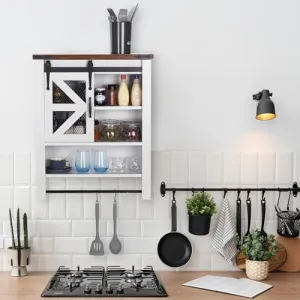 Bathroom Organizer Cabinet, Over The Toilet Bathroom Cabinet with Towels Bar & Hooks, 3-Tier Over Toilet Cabinet with Sliding Barn Door for Bathroom Laundry Kitchen, Wall Mounted