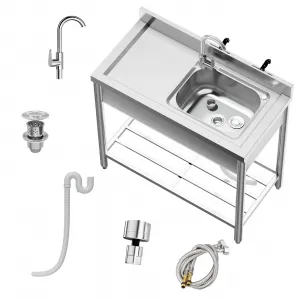 39.3"W x 19.7"D x 37"H Freestanding Stainless Steel Utility Sink Set - Single Bowl Sink with Workbench, Storage Rack, and Hot & Cold Water Pipes for Restaurants, Kitchens, Garages, Laundry Rooms, Farms, and Outdoor Use