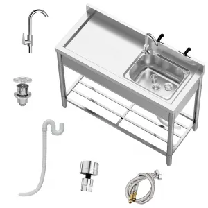 47.2"W x 19.7"D x 37"H Freestanding Utility Sink Set - Stainless Steel Single Bowl Sink with Workbench, Storage Rack, Hot & Cold Water Pipes for Restaurants, Kitchens, Garages, Laundry Rooms, Farms, Outdoor Use