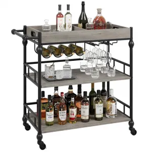 3 Tier Bar Cart with Wheels, Rolling Cart with Wine Rack and Glasses Holder, Bar Cart, for Kitchen, Living Room, Dining Room - Grey