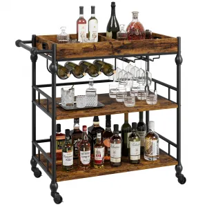 3 Tier Bar Cart with Wheels, Rolling Cart with Wine Rack and Glasses Holder, Bar Cart, for Kitchen, Living Room, Dining Room - Retro color