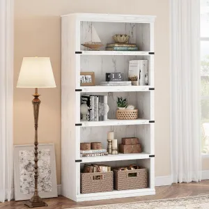 5 Tier Bookcase, Farmhouse Book Shelf with Storage, Tall Book Case Wooden 5 Shelf Bookcase for Home Office, Living Room, Bed Room (White, 67.4" H x 31.5" W x 12.8" D)