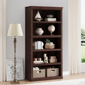 5 Tier Bookcase, Farmhouse Book Shelf with Storage, Tall Book Case Wooden 5 Shelf Bookcase for Home Office, Living Room, Bed Room, Reddish Brown