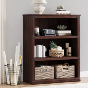 Farmhouse 3-Tier Bookcase, Rustic Plain Book Shelf with Storage Open Display Bookshelves, 43.3" Low Book Case Space-Saving Industrial Design for Office, Living Room, Bedroom, Reddish Brown