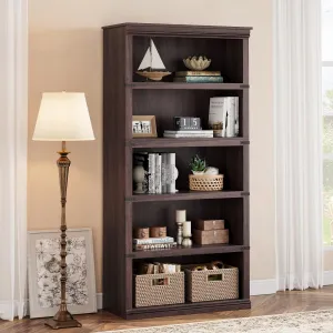 5 Tier Farmhouse Bookcase, Sturdy & Stable, Wooden 67.4" Tall, Colonial Moulding, Ample Storage, Home Office, Living Room, Bedroom - Cherry