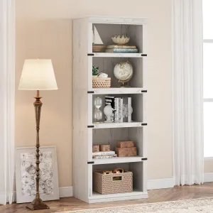 Farmhouse Bookcase 5 Tiers Tall Wooden 67.4" with Storage, Colonial Molding, MDF Boards, Iron Angle Design, Home Office, Living Room, White