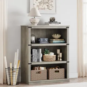 Farmhouse 3 Tier Bookcase, Open Shelves, MDF Wood, Rustic Grey, 43.3" Low Bookcase, Home Office, Living Room