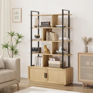 5 Tier Rattan Bookshelf with Storage Cabinet & Door, 71.1 Inch Tall, Industrial, MDF & Metal Frame, Anti-Tip, Adjustable Feet, Easy Assembly, Living Room, Bedroom