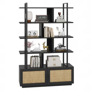 5 Tier Rattan Bookshelf with Storage Cabinet & Door, 71.1 Inch Tall Industrial Book Shelf, Metal Frame, Anti-Tipping, Easy Assembly