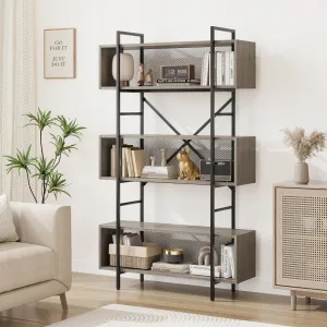6 Tier Industrial Bookshelf + Open Display + MDF & Metal Frame + X-Shaped Back Bars + Anti-Tipping Device + Adjustable Feet + Living Room, Bedroom, Office