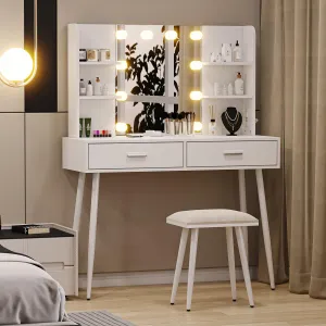 Vanity Desk, Makeup Vanity Desk with Touch Light Mirror and Power Outlet, Makeup Table with Stool and 2 Drawers, White