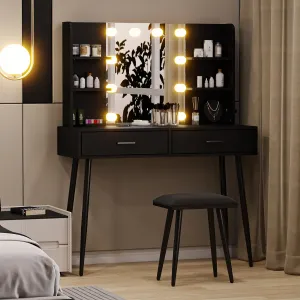 Makeup Vanity Desk with Mirror & Lights, Vanity Desk with Power Outlet, Large Makeup Table with Stool & 2 Drawers & 4 Shelves